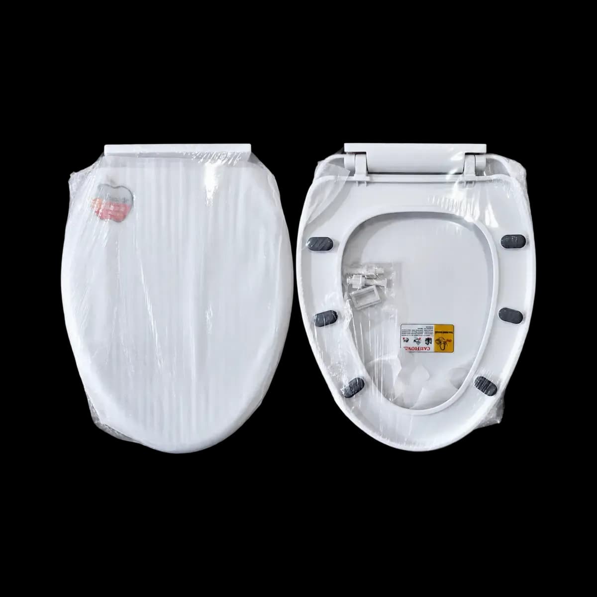 White toilet seat shown closed and from below in one image; wrapping obscures some details.