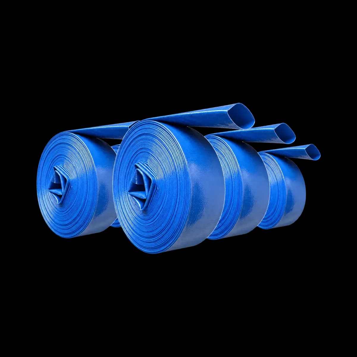 Three blue flattened-looking hose coils with extended open ends.