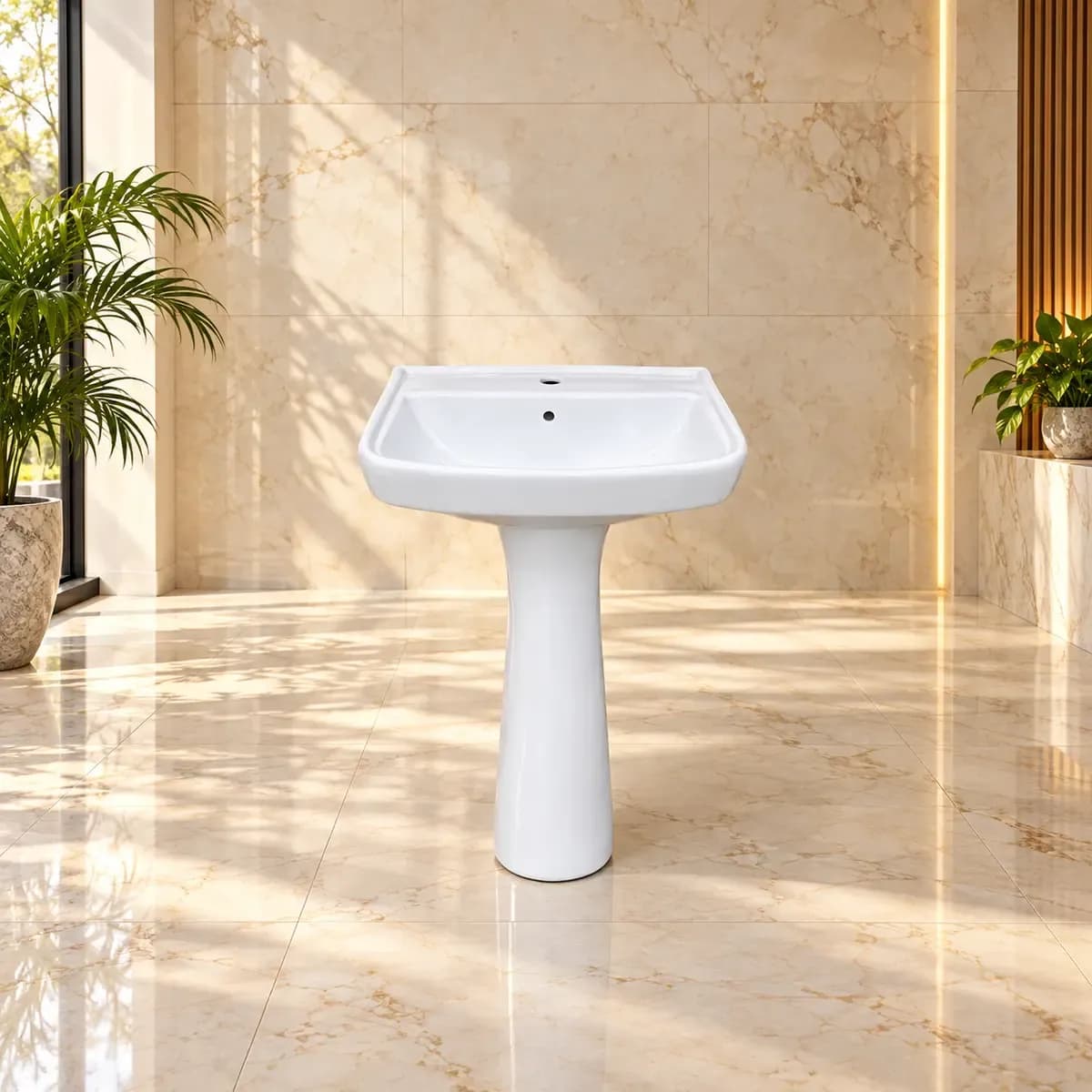 White pedestal-style basin with a broad rounded-rectangular rim and visible tap hole.