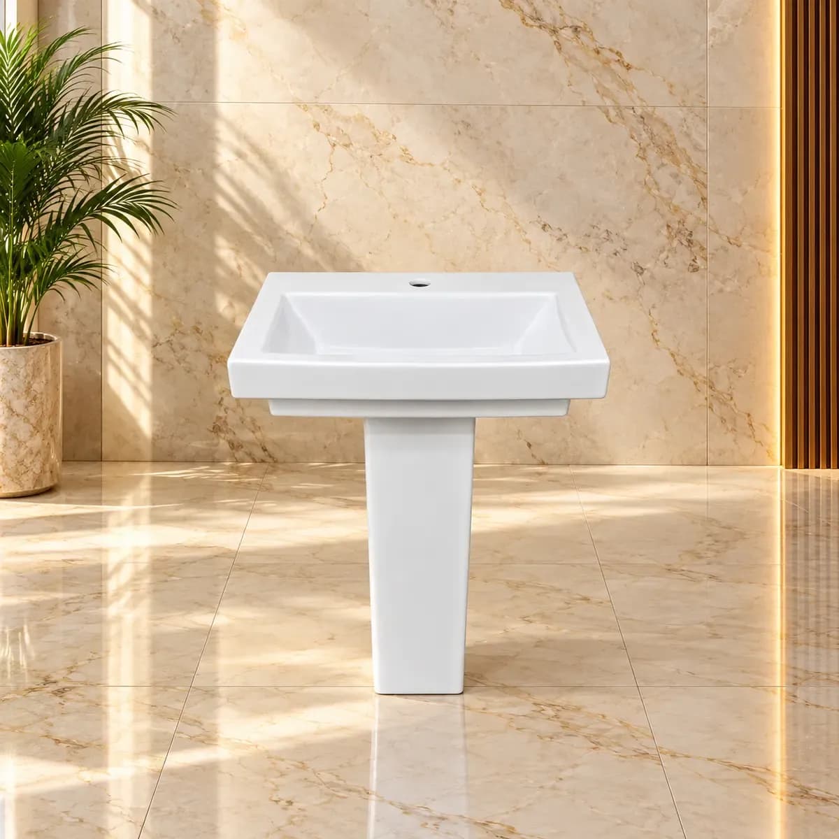 White angular rectangular basin with a straight-sided pedestal.