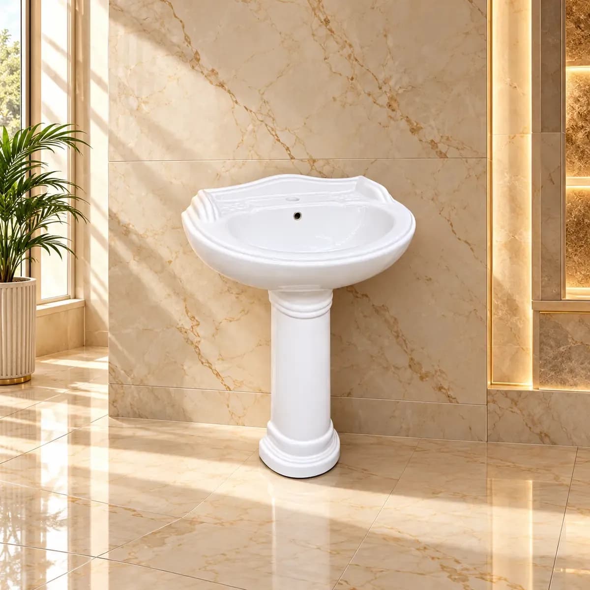 White basin with a sculpted scalloped-looking rim and a decorative pedestal.