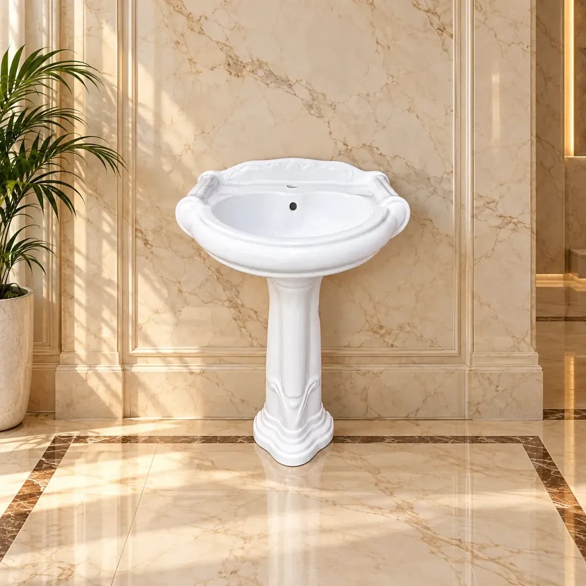 White basin with an ornate curved rim and deeply fluted-looking decorative pedestal.