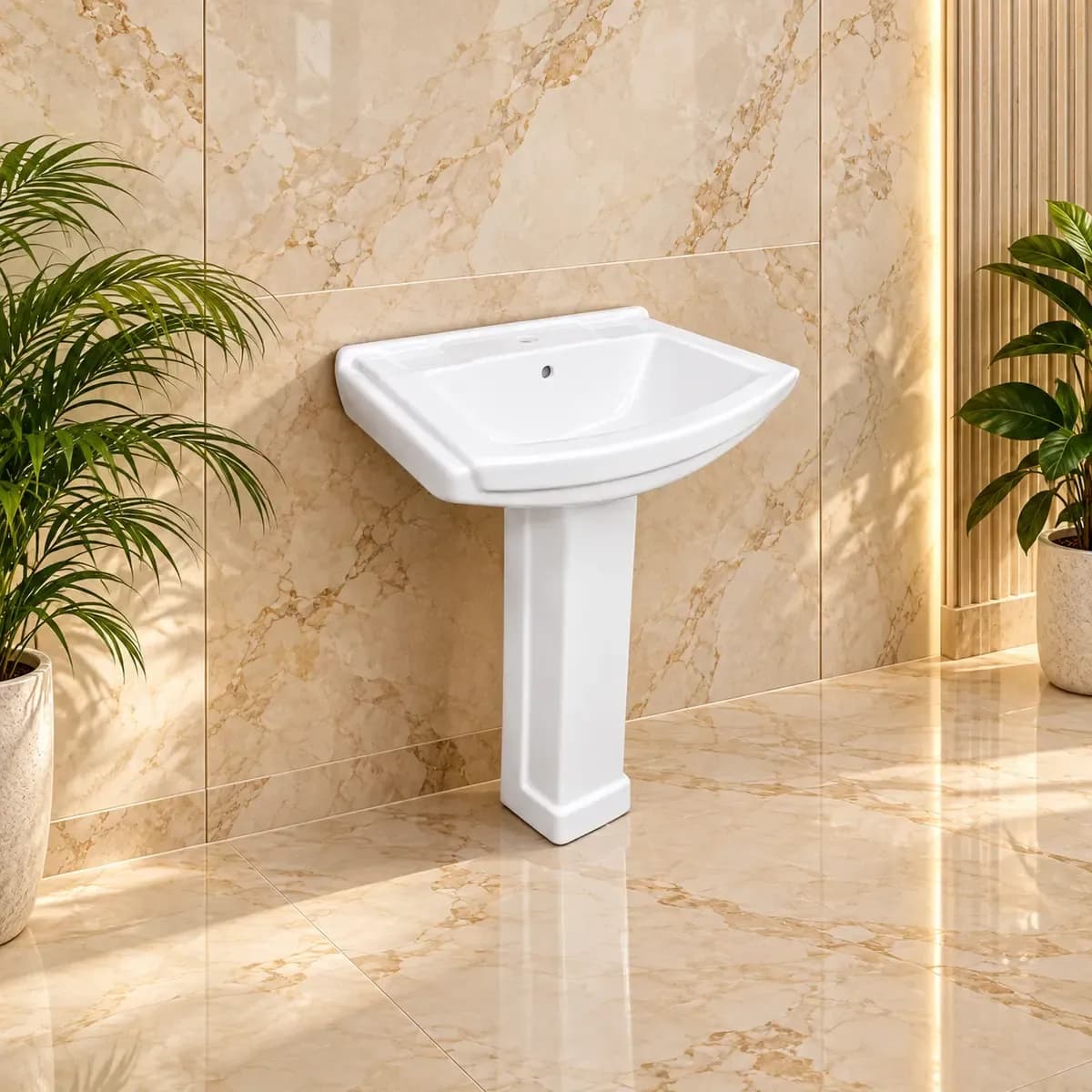 White basin with broad angular rim above a stepped square pedestal.