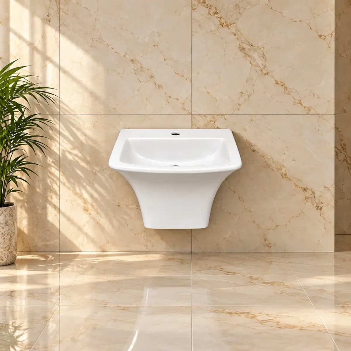 White wall-style basin with a rounded front and a short underside cover.