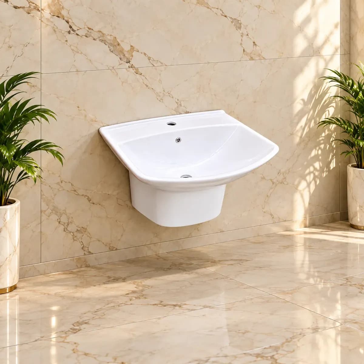 White wall-style basin with broad curved front and rounded underside cover.