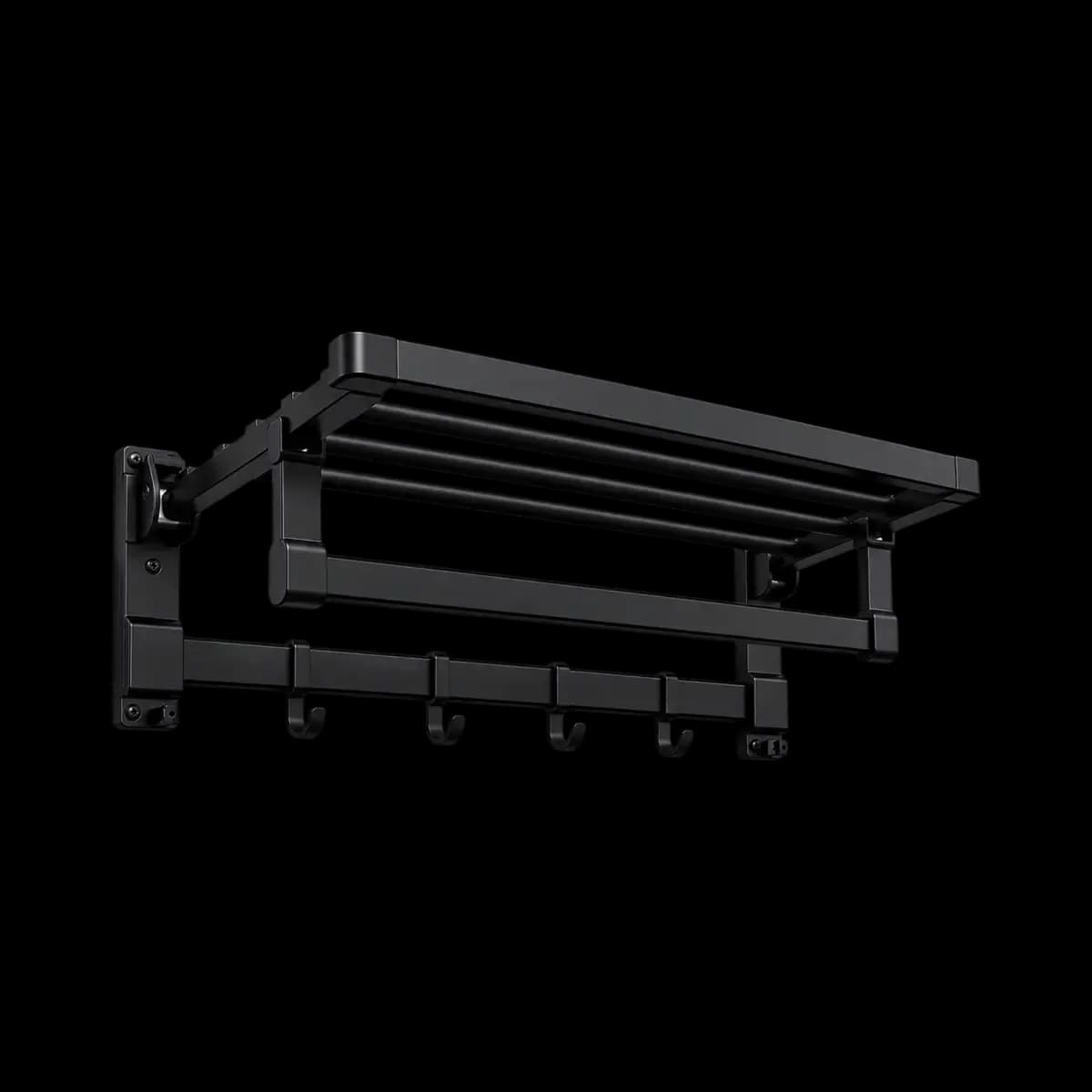 Black wall rack with an upper slatted shelf, lower rail and hooks.