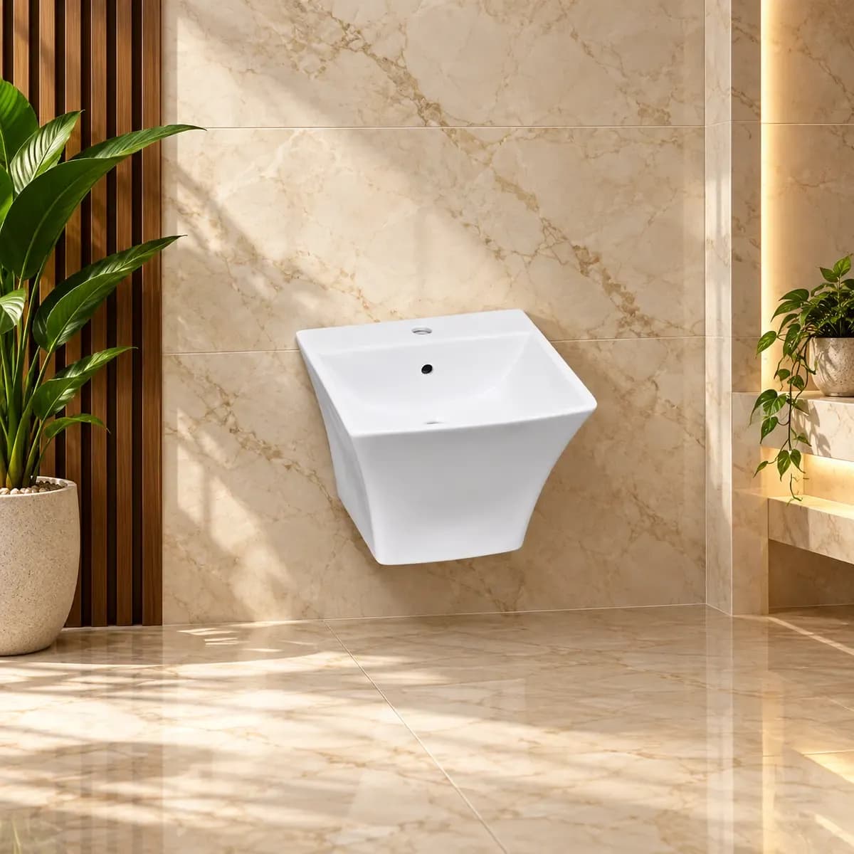 White square-edged wall-style basin with a short angular underside cover.