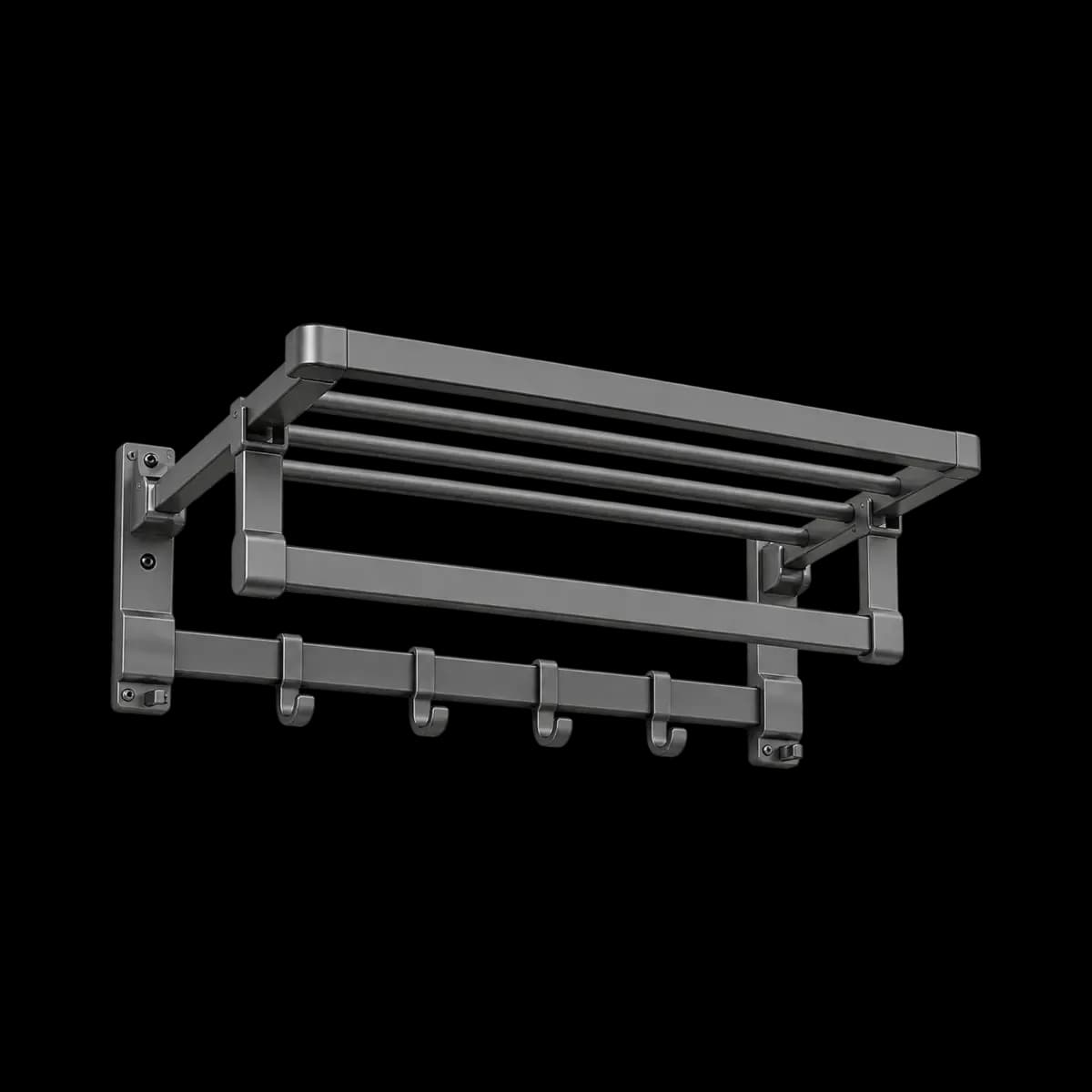 Grey wall rack with upper slats, a lower rail and hanging hooks.