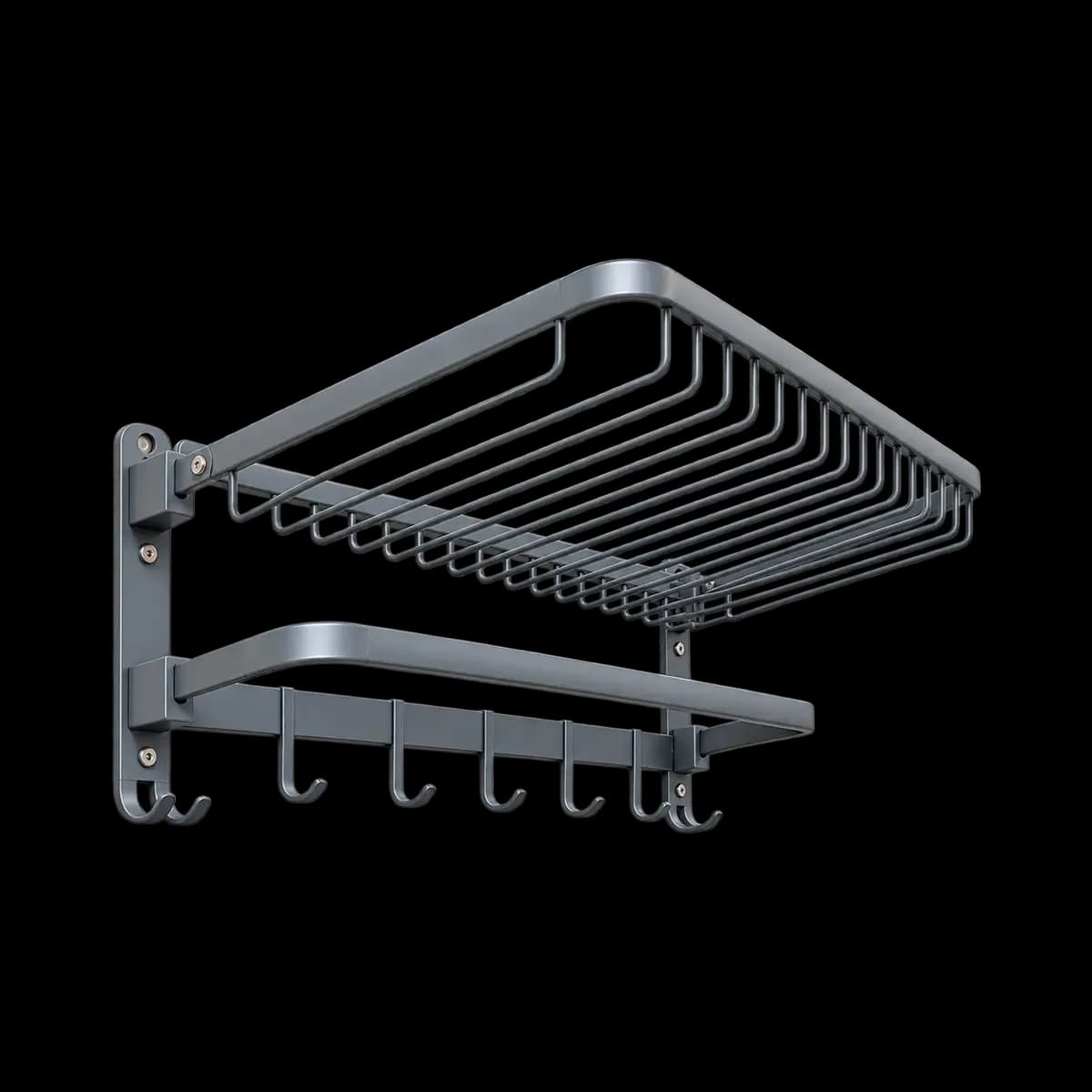 Grey wall shelf with closely spaced bent upper bars, lower rail and hooks.