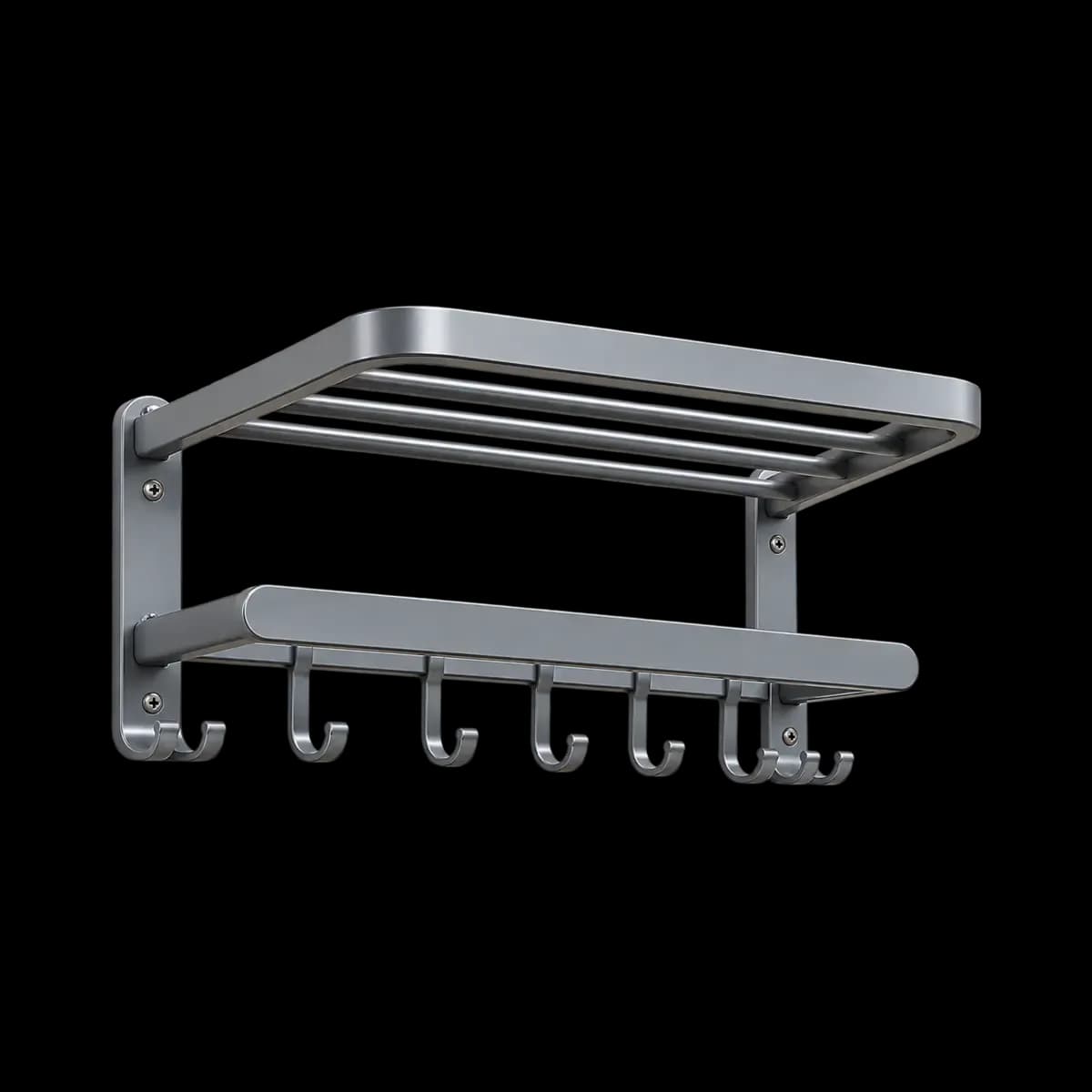 Grey wall rack with upper slats, a lower rail and several hanging hooks.