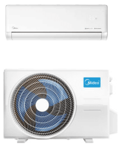 Midea UNICOOL II split air conditioner indoor unit and outdoor unit, from the supplied Electronics catalogue.
