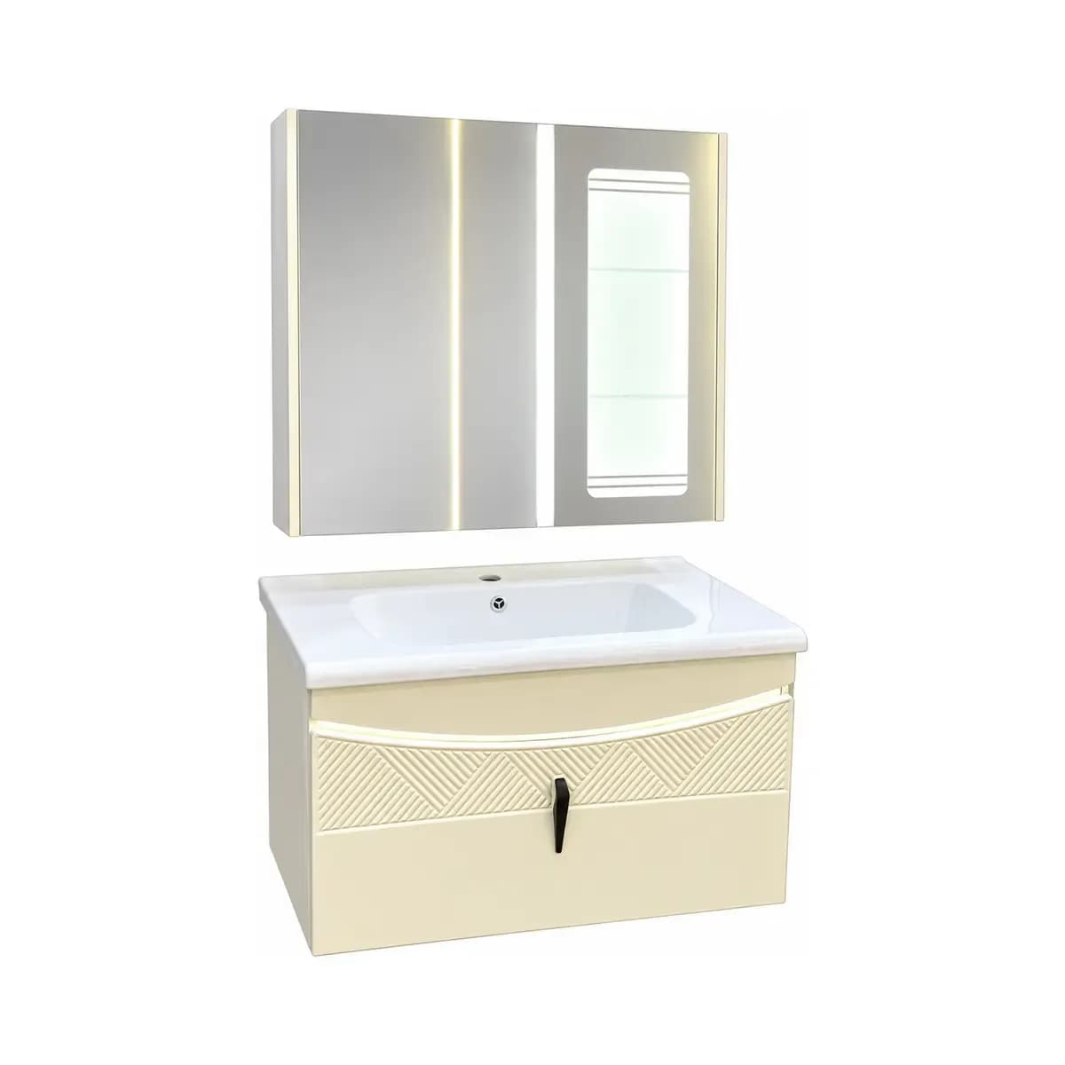 Light-coloured cabinet with a basin and tap, shown below a mirrored cabinet with a bright-looking vertical panel.