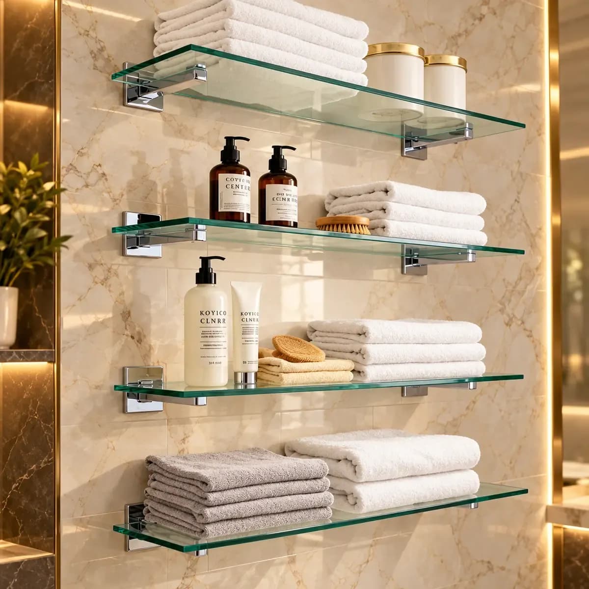 Four transparent-looking wall shelves with silver-finish brackets, displayed with towels and toiletries.