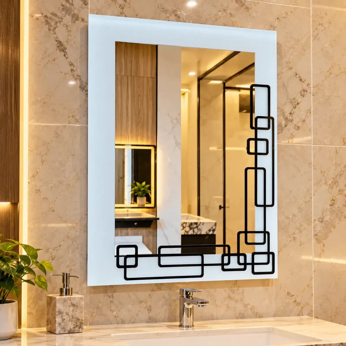 Rectangular mirror with a broad pale border and dark linked-square decorative accents.