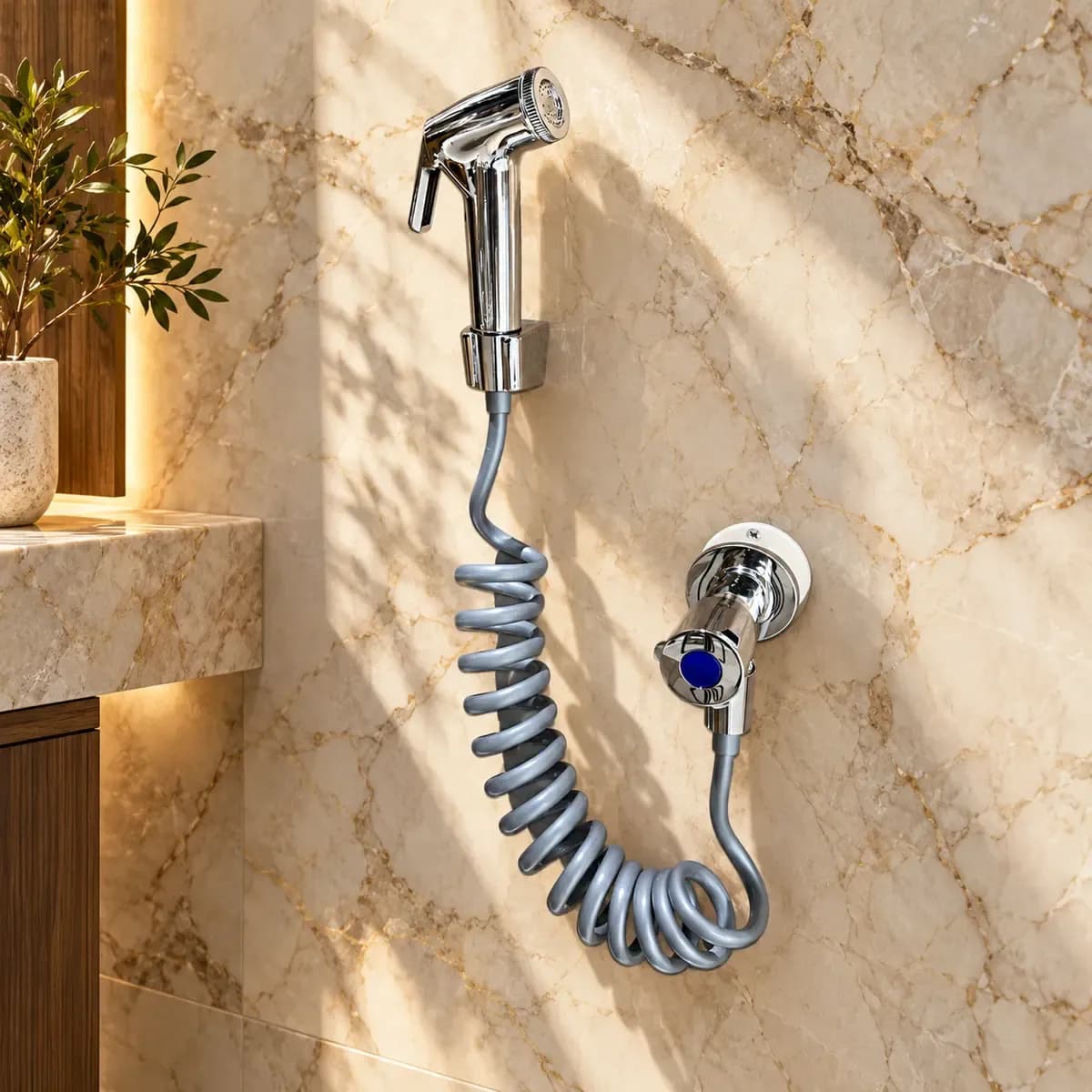 Reflective trigger spray attached to a light coiled hose and a round wall-mounted fitting.