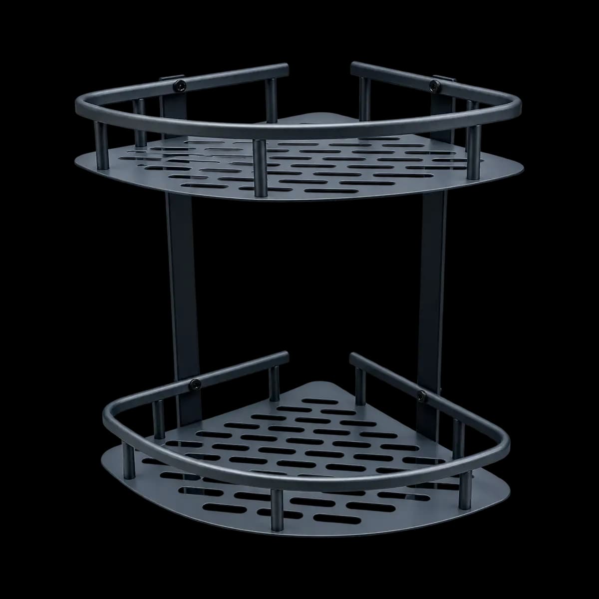 Black two-tier corner basket with rounded front rails and slotted bases.