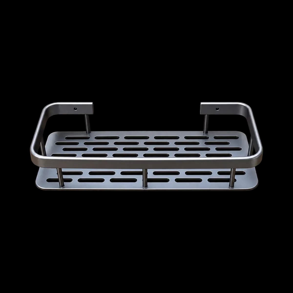 Grey rectangular wall basket with open rails, slotted base and raised mounting arms.