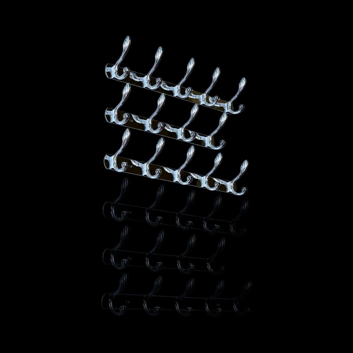 Silver-finish and black hook strips shown in several lengths, with tall curved hooks and lower prongs.