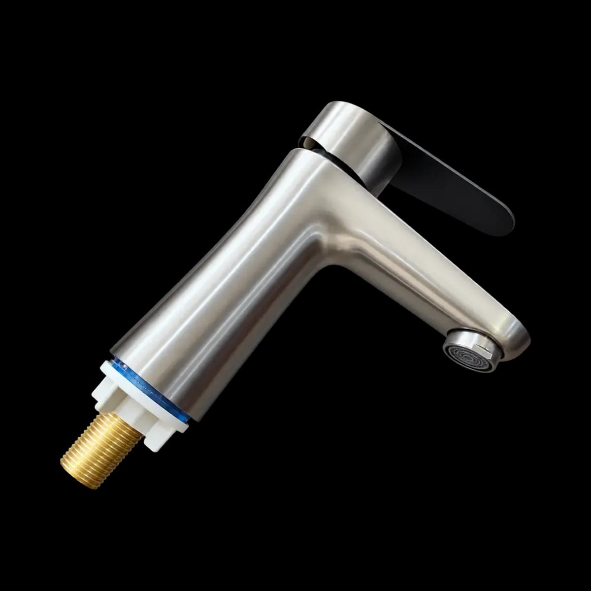 Short silver-finish tap with a black top lever, angled body and exposed threaded mounting end.