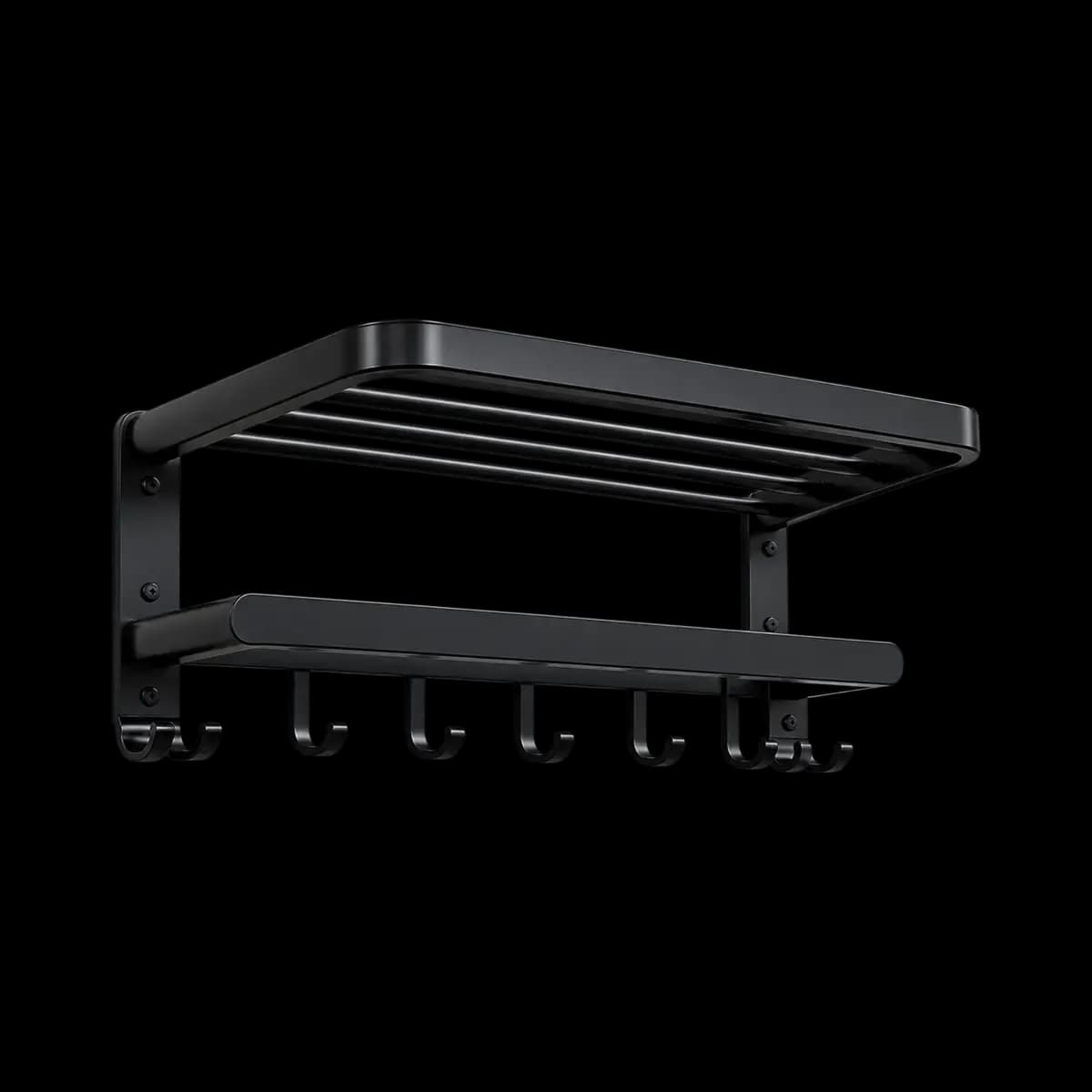 Black wall towel rack with upper slats, lower bar and a row of hanging hooks.
