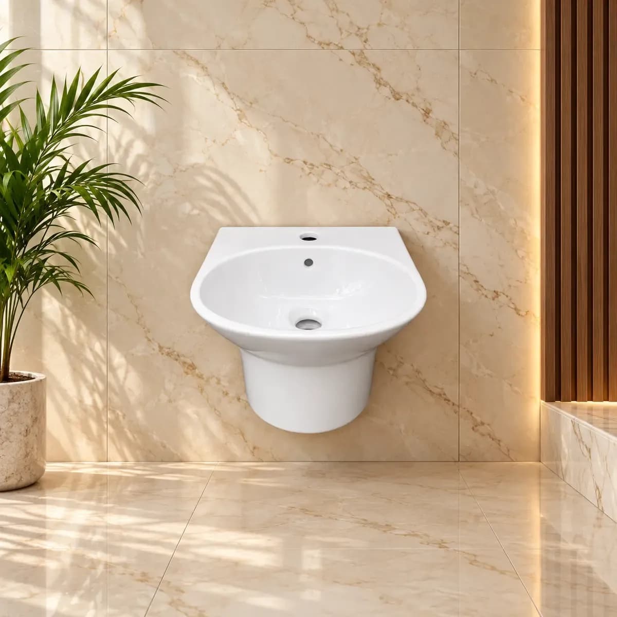 White rounded wall-style basin with a short curved underside cover.