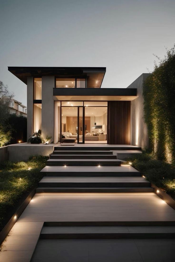 Architectural modern home illuminated at dusk