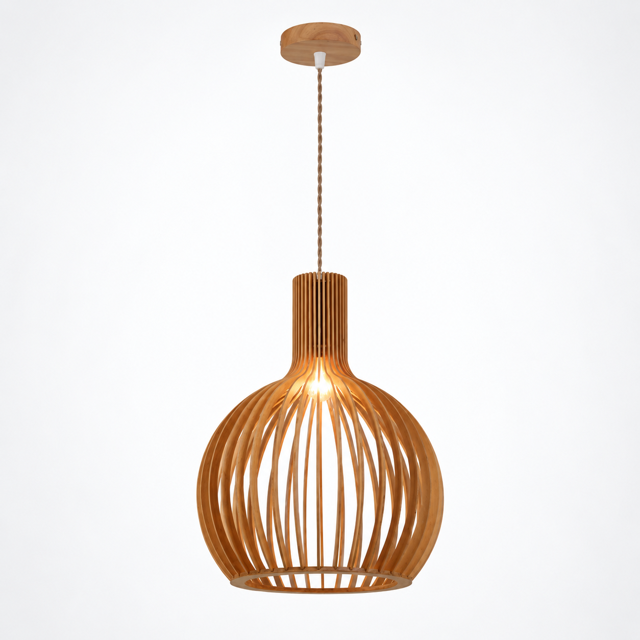 Wood-tone slatted teardrop pendant light