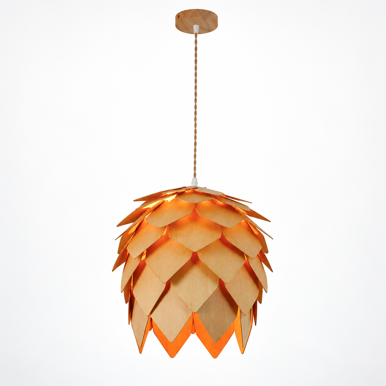 Wood-tone layered leaf pendant light