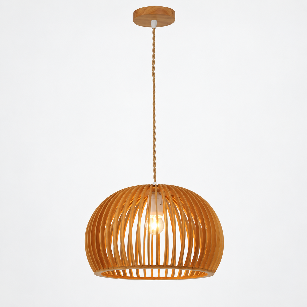 Wood-tone rounded cage pendant light