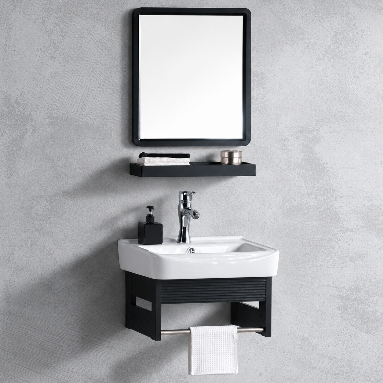 Black Ribbed Open Bathroom Vanity with Mirror — source 4025