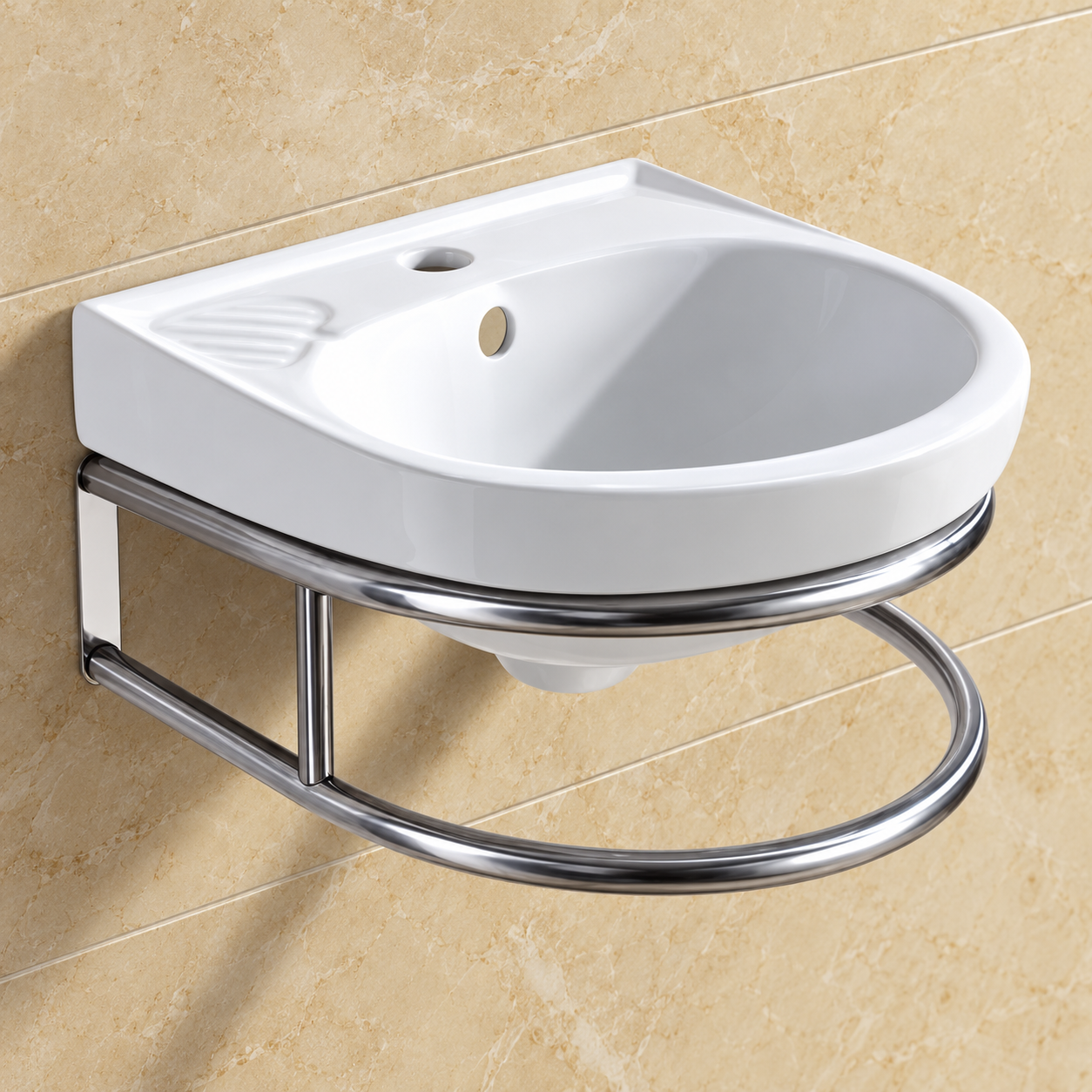 White wall-hung basin with curved chrome support and towel rail