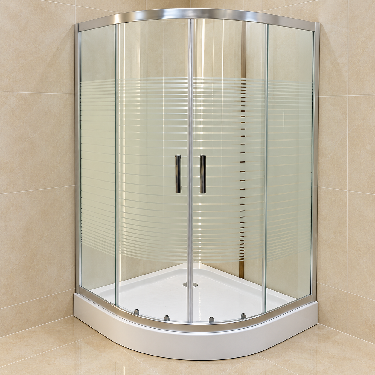 Curved silver-frame shower enclosure with striped glass and white tray